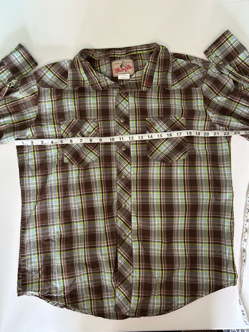 Wrangler Brown Plaid Button-Down Western Shirt with Green Accents Vintage 90s - Picture 7 of 8